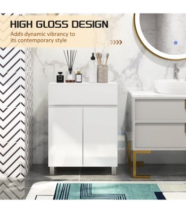kleankin High Gloss Bathroom Floor Cabinet Storage Cupboard with Drawer