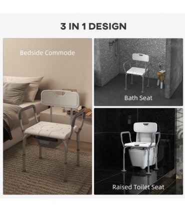 HOMCOM 3-in-1 Shower Chair Adjustable Bedside Commode Raised Toilet Seat White