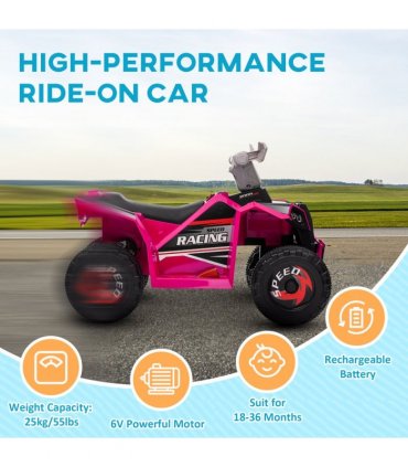 HOMCOM Electric Quad Bike, 6V Kids Ride-On ATV, for Ages 18-36 Months - Pink