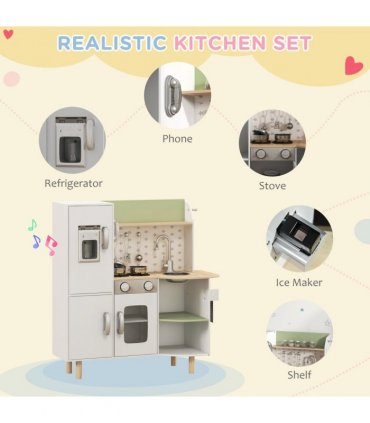 AIYAPLAY Toy Kitchen Playset with Phone, Ice Maker, Stove, Sink - White