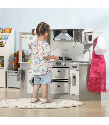 AIYAPLAY Toy Kitchen Playset with Running Water, Apron and Chef Hat - Grey