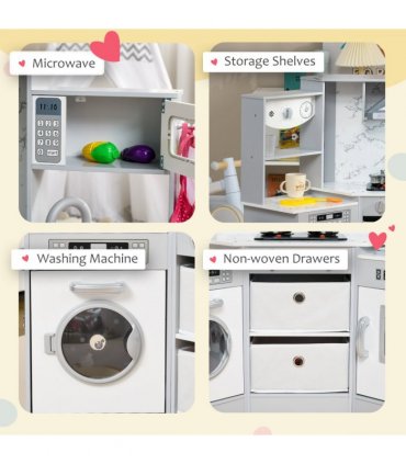 AIYAPLAY Toy Kitchen Playset with Running Water, Apron and Chef Hat - Grey