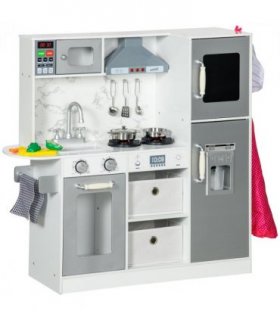 AIYAPLAY Toy Kitchen Playset with Lights, Sounds, Apron, Chef Hat - White