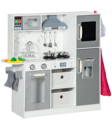 AIYAPLAY Toy Kitchen Playset with Lights, Sounds, Apron, Chef Hat - White