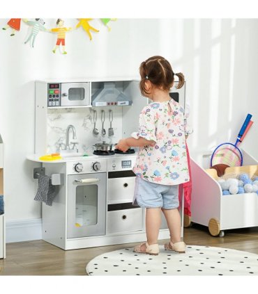 AIYAPLAY Toy Kitchen Playset with Lights, Sounds, Apron, Chef Hat - White