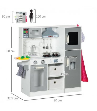 AIYAPLAY Toy Kitchen Playset with Lights, Sounds, Apron, Chef Hat - White