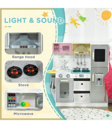 AIYAPLAY Toy Kitchen Playset with Lights, Sounds, Apron, Chef Hat - White