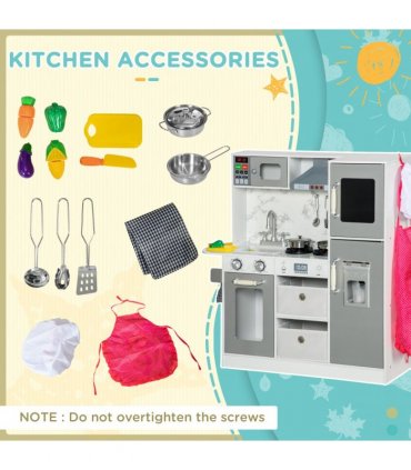 AIYAPLAY Toy Kitchen Playset with Lights, Sounds, Apron, Chef Hat - White