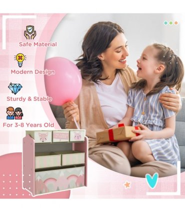 ZONEKIZ Kids Storage Units with 6 Boxes, Childrens Toy Storage Organiser, Pink