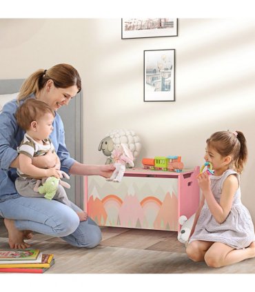 Toy Box, Kids Toy Chest with Lid, Safety Hinge - Pink, MDF, 60L x 37W x 39H cm