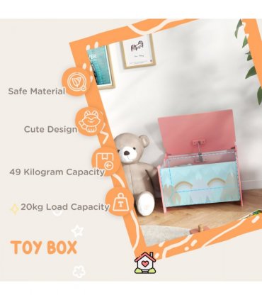 Toy Box, Kids Toy Chest with Lid, Safety Hinge - Pink, MDF, 60L x 37W x 39H cm