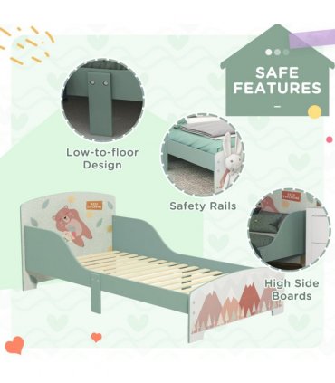 Toddler Bed Frame, Green, MDF and Multilayer Board, 60H x 77L x 143Wcm, Ages 3-6
