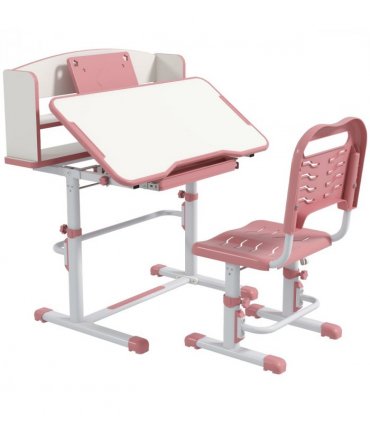 ZONEKIZ Height Adjustable Kids Desk and Chair Set, with Drawer, Bookshelf, Pink
