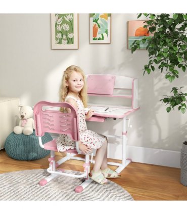 ZONEKIZ Height Adjustable Kids Desk and Chair Set, with Drawer, Bookshelf, Pink