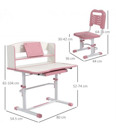 ZONEKIZ Height Adjustable Kids Desk and Chair Set, with Drawer, Bookshelf, Pink