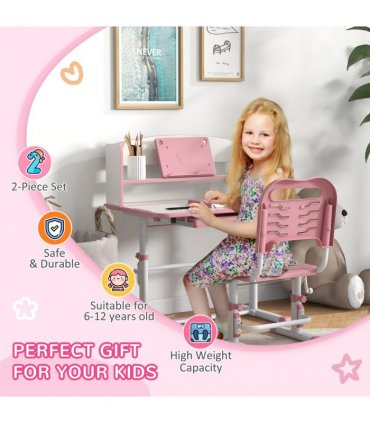 ZONEKIZ Height Adjustable Kids Desk and Chair Set, with Drawer, Bookshelf, Pink