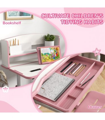 ZONEKIZ Height Adjustable Kids Desk and Chair Set, with Drawer, Bookshelf, Pink