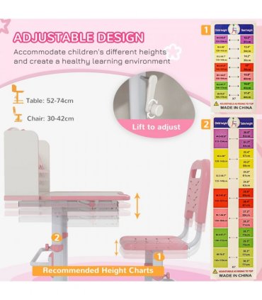 ZONEKIZ Height Adjustable Kids Desk and Chair Set, with Drawer, Bookshelf, Pink