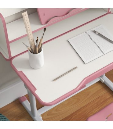 ZONEKIZ Height Adjustable Kids Desk and Chair Set, with Drawer, Bookshelf, Pink