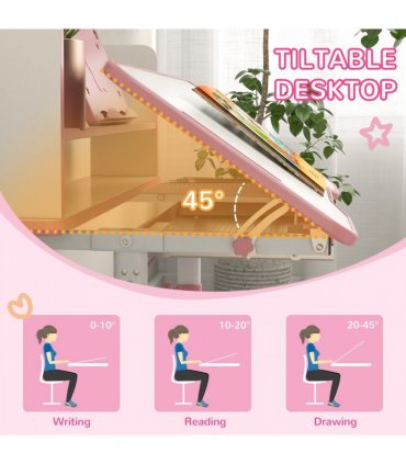 ZONEKIZ Height Adjustable Kids Desk and Chair Set, with Drawer, Bookshelf, Pink