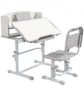 ZONEKIZ Height Adjustable Kids Desk and Chair Set, with Drawer, Bookshelf, Grey