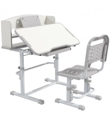ZONEKIZ Height Adjustable Kids Desk and Chair Set, with Drawer, Bookshelf, Grey