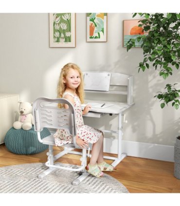ZONEKIZ Height Adjustable Kids Desk and Chair Set, with Drawer, Bookshelf, Grey