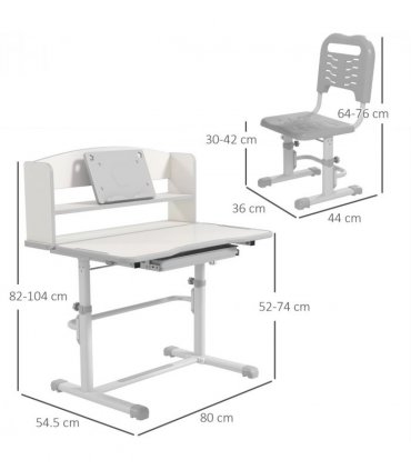 ZONEKIZ Height Adjustable Kids Desk and Chair Set, with Drawer, Bookshelf, Grey