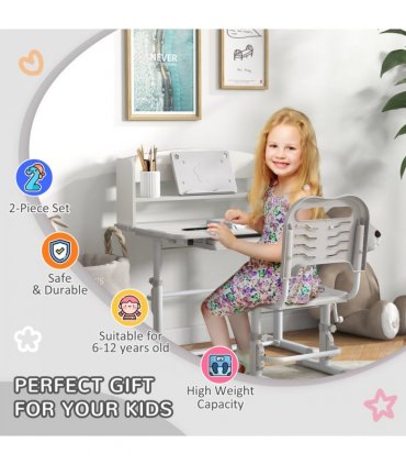 ZONEKIZ Height Adjustable Kids Desk and Chair Set, with Drawer, Bookshelf, Grey