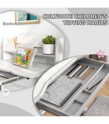 ZONEKIZ Height Adjustable Kids Desk and Chair Set, with Drawer, Bookshelf, Grey