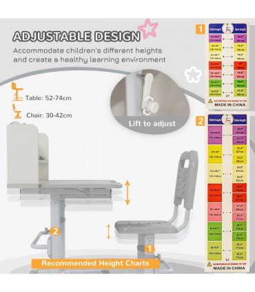 ZONEKIZ Height Adjustable Kids Desk and Chair Set, with Drawer, Bookshelf, Grey