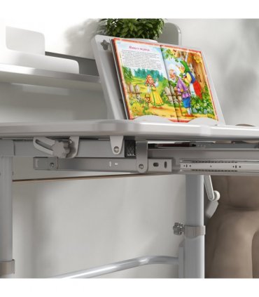 ZONEKIZ Height Adjustable Kids Desk and Chair Set, with Drawer, Bookshelf, Grey