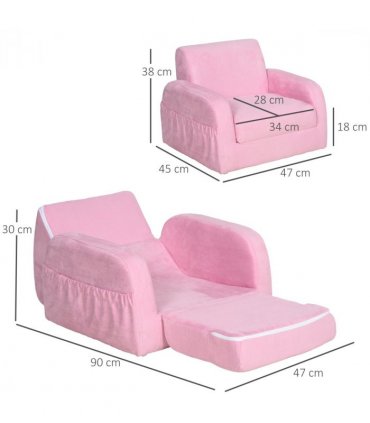 HOMCOM 2 In 1 Kids Armchair Sofa Bed Fold Out Padded Wood Frame Bedroom Pink