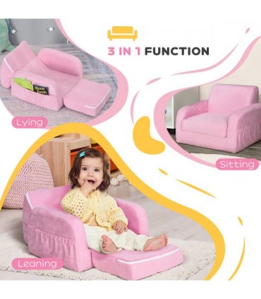 HOMCOM 2 In 1 Kids Armchair Sofa Bed Fold Out Padded Wood Frame Bedroom Pink