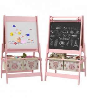 AIYAPLAY Kids Easel with Paper Roll, Blackboard, Whiteboard, Storage, Pink