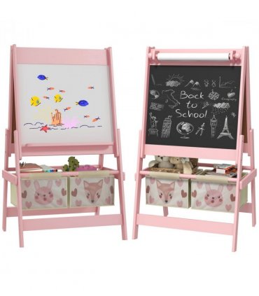 AIYAPLAY Kids Easel with Paper Roll, Blackboard, Whiteboard, Storage, Pink