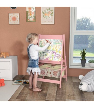 AIYAPLAY Kids Easel with Paper Roll, Blackboard, Whiteboard, Storage, Pink