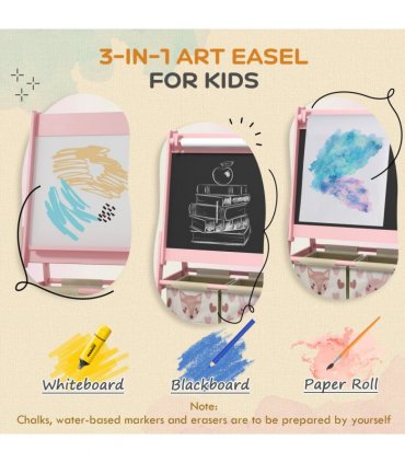 AIYAPLAY Kids Easel with Paper Roll, Blackboard, Whiteboard, Storage, Pink