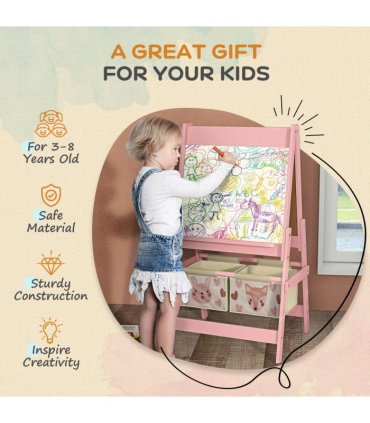 AIYAPLAY Kids Easel with Paper Roll, Blackboard, Whiteboard, Storage, Pink