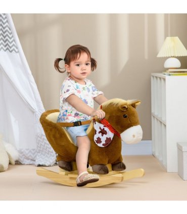 HOMCOM Kids Rocking Horse, Plush Baby Rocking Chair with Safety Harness, Sounds