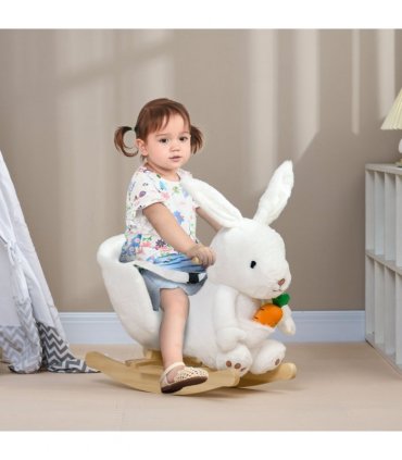 HOMCOM Kids Rabbit-Shaped Rocking Horse with Realistic Sounds Safety Belt  White