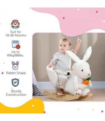 HOMCOM Kids Rabbit-Shaped Rocking Horse with Realistic Sounds Safety Belt  White