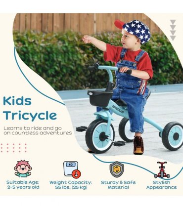 AIYAPLAY Trike with Adjustable Seat Basket Kids Tricycle for 2-5 Years Old Blue
