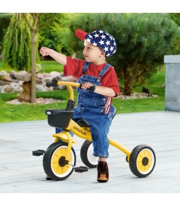 Kids Tricycle Yellow 10" front 8" rear EVA wheels Adjustable Seat Basket