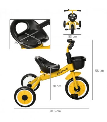 Kids Tricycle Yellow 10" front 8" rear EVA wheels Adjustable Seat Basket