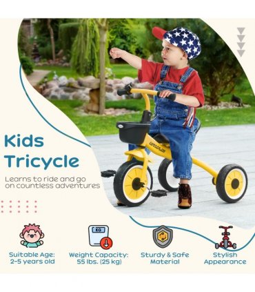 Kids Tricycle Yellow 10" front 8" rear EVA wheels Adjustable Seat Basket