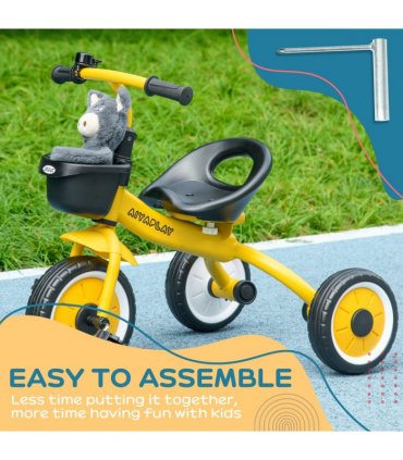 Kids Tricycle Yellow 10" front 8" rear EVA wheels Adjustable Seat Basket