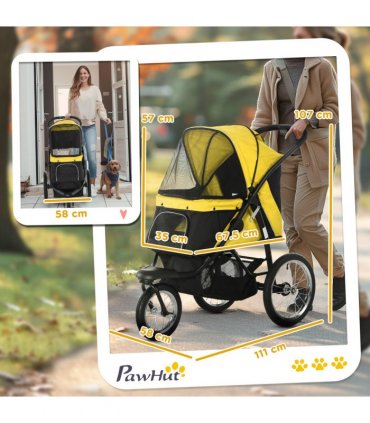 Pet Stroller Yellow Steel Tube Oxford Cloth 111L x 58W x 107H cm PawHut