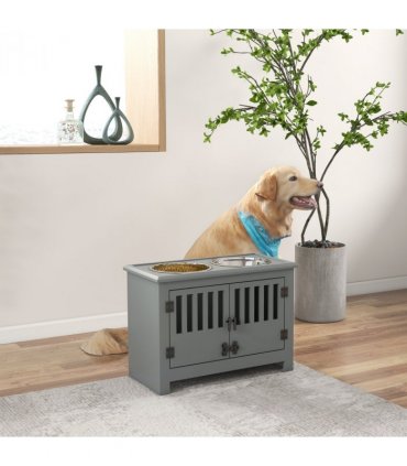 PawHut Raised Dog Bowls for Large Dogs Feeding Station with Stand Storage - Grey