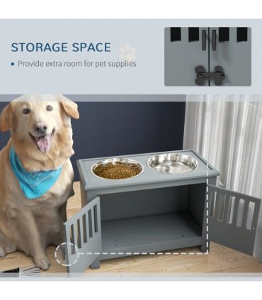 PawHut Raised Dog Bowls for Large Dogs Feeding Station with Stand Storage - Grey